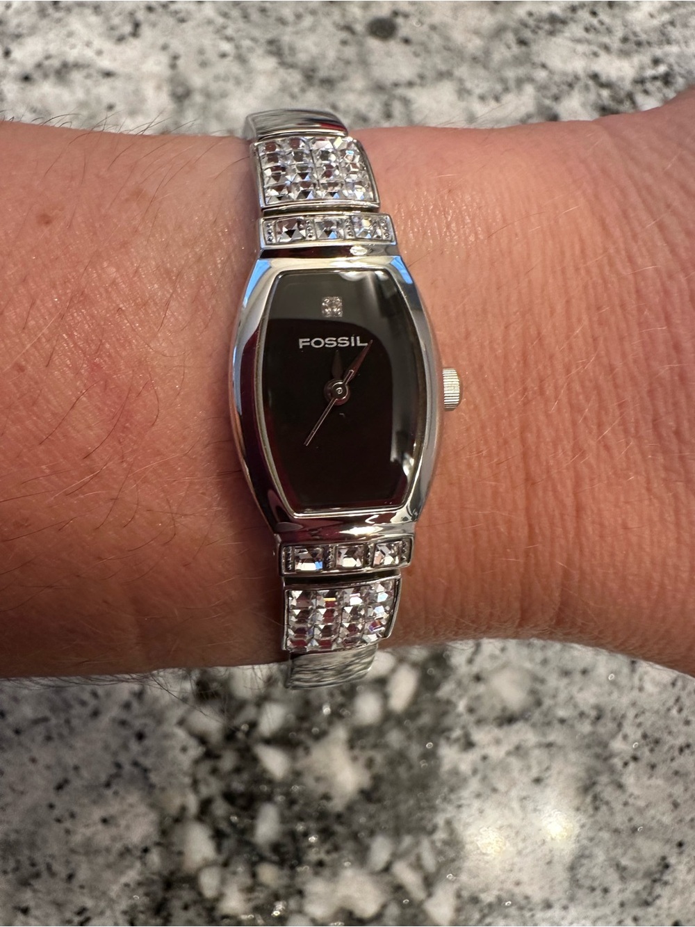 Fossil Silver Bracelet Watch with Black Dial and Crystal Accents